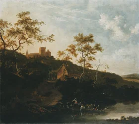 Paysage fluvial avec un gentleman à cheval et des paysans sur un ferry, une taverne sous un château au-delà