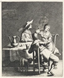 Fumeur soufflant de la fumée vers une femme (Geur) (De vijf zintuigen)