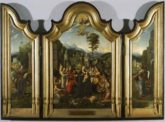 La Sainte Famille avec Sainte Catherine et Sainte Barbara Triptyque, vers 1505