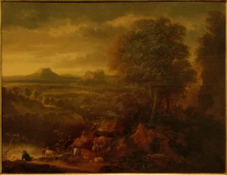 Paysage méridional avec bergers, troupeau et scène de chasse