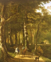 Voyageurs sur un chemin dans un paysage boisé