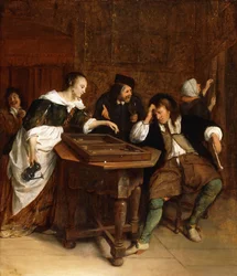 Gentilshommes jouant au backgammon dans un intérieur