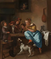 Des enfants apprennent à un chat à danser, connu sous le nom de "La leçon de danse", 1660-79