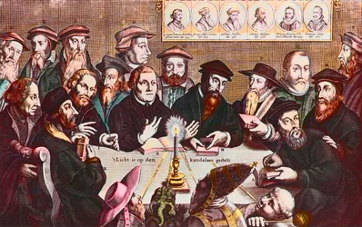 La lumière est placée sur le chandelier - Gravure de Jan Houwens montrant Les réformateurs - Jean Calvin et Martin Luther Rencontre imaginaire des leaders réformistes: John Wyclif
