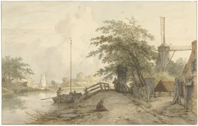 Paysage avec pont et maison sur une route le long d