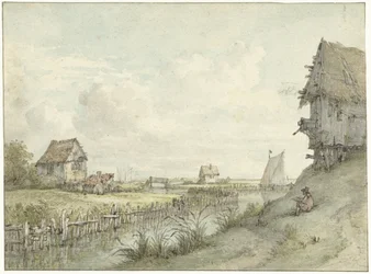 Paysage fluvial avec dessinateur esquissant entre des cabanes