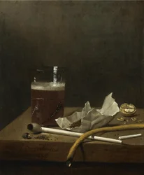 Nature morte avec un verre de bière, une pipe, du tabac et autres accessoires de fumeur, 1658