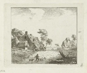 Paysage avec berger et moutons près de deux fermes