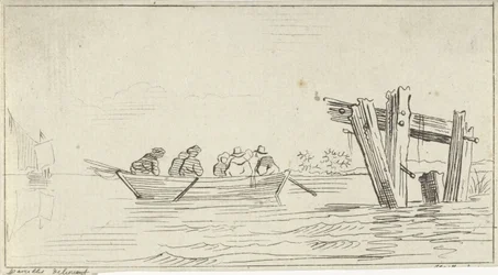 Barque avec des figures sur une rivière