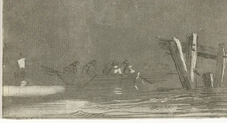 Barque avec des figures sur une rivière