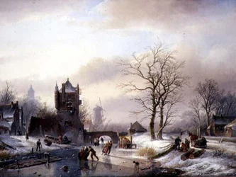 Patineurs sur une rivière gelée