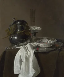 Nature morte avec un flacon en étain et deux bols Ming