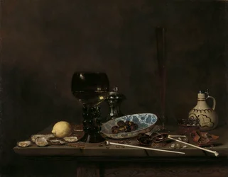 Nature morte avec Roemer, verre à flûte, cruche en terre cuite et pipes