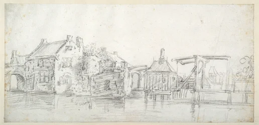 Un canal avec des bâtiments, y compris une maison de péage et un pont à péage, vers 1650