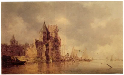 Une tour médiévale sur un rempart de château avec des navires à voile à un quai et une barque au premier plan, vers 1642