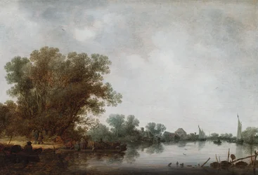 Scène fluviale avec un ferry-boat quittant la rive gauche