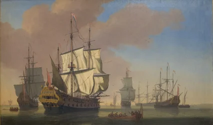 Navires de guerre anglais dans une rade par temps calme