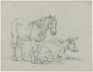 Cheval debout et une vache couchée