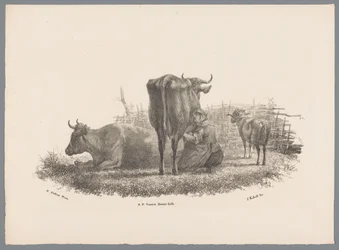Fermière trayant une vache, deux vaches et un bélier (Beesten Studien door J. Kobell naar Paul Potter Nr. 1)