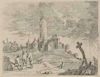 Paysage avec château et trois hommes