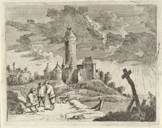 Paysage avec château et trois hommes