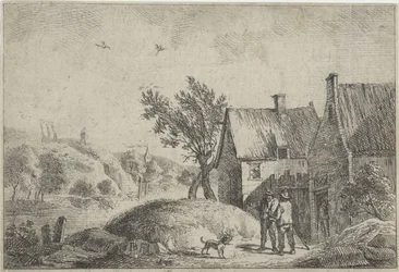 Deux hommes avec un chien dans un paysage