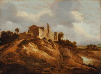 Paysage rocheux avec un château fortifié surplombant une rivière