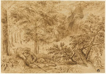 Paysage avec un berger dormant sous un arbre