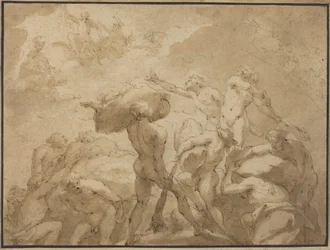 Bataille des dieux et des géants du mont Olympe et du mont Othrys (plume et encre brune avec lavis brun sur papier vergé)