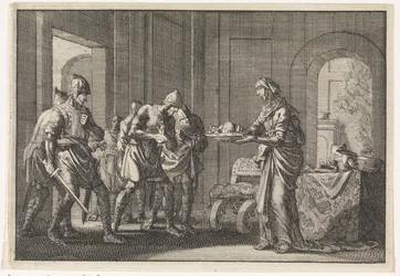 Une mère montre aux guerriers les restes de son enfant mangé pendant la famine à Jérusalem, 1704