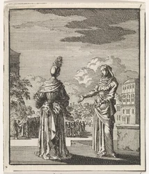 Femme montrant à une dame un cortège funèbre passant
