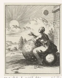 Femme assise sur un globe terrestre et appuyée sur un globe céleste regardant le coucher du soleil