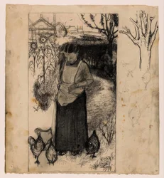 Annie Mankes-Zernike nourrissant des poules, à droite : études d