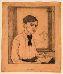 Autoportrait, trois quarts à droite, dessinant devant la fenêtre