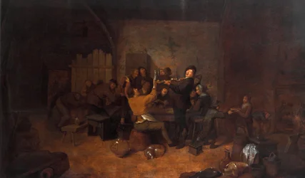 Paysans dans une auberge. Une joyeuse compagnie hollandaise buvant et chantant dans une taverne. Peinture de Jan Miense Molenaer (ca. 1610-1668) 17ème siècle Galleria degli Uffizi, Florence, Italie