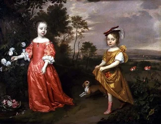 Deux enfants et un chien dans un paysage