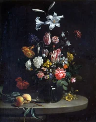 Nature morte : Bouquet de fleurs dans un vase en verre
