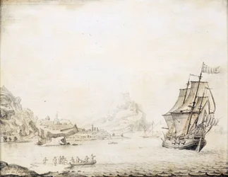Un navire britannique au large de Satalia (Turquie), en 1677, entouré d