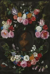 Cartouche décoré de guirlandes et de gerbes de fleurs