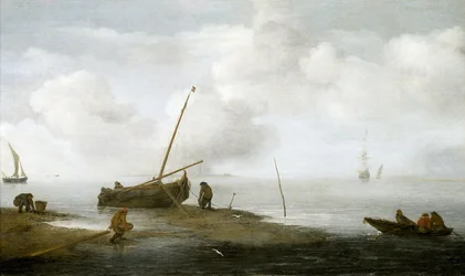 Pêche aux moules, un bateau de pêche sur le rivage, et trois hommes occupés à ramasser des moules dans leurs paniers. Huile sur toile 1622, par Jan Porcellis (1580-1632).