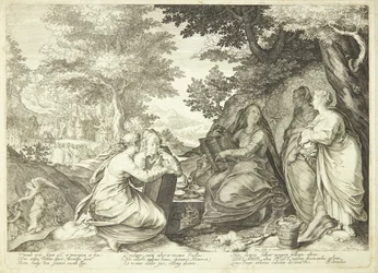 Les vierges sages réunies dans un paysage, en arrière-plan Jean-Baptiste prêchant