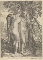 Diane et une nymphe devant un arbre