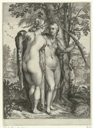 Diane et une nymphe devant un arbre
