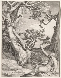 Élie dans le désert nourri par des corbeaux