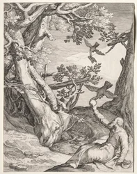 Élie dans le désert nourri par des corbeaux