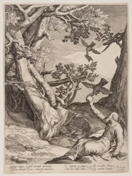 Elie dans le désert nourri par les corbeaux, extrait de Quatre scènes de la vie des prophètes, Isaïe, Ahajah et Elisée