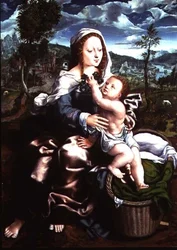 Madone et enfant assis dans un vaste paysage