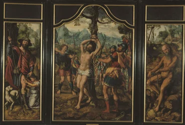 Triptyque du Martyre de Saint Sébastien (panneau central) : Saint Roch (panneau gauche), Saint Onuphre (panneau droit), Saint Pierre (verso du panneau droit), Saint Étienne (verso du panneau gauche), entre 1525 et 1566