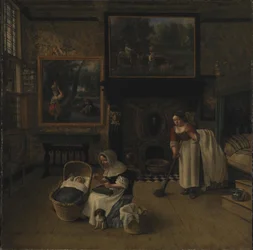 Intérieur avec une femme brodant et berçant un enfant dans un berceau