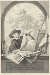 Homme avec un dossier de dessins et un portrait de Jan van Goyen